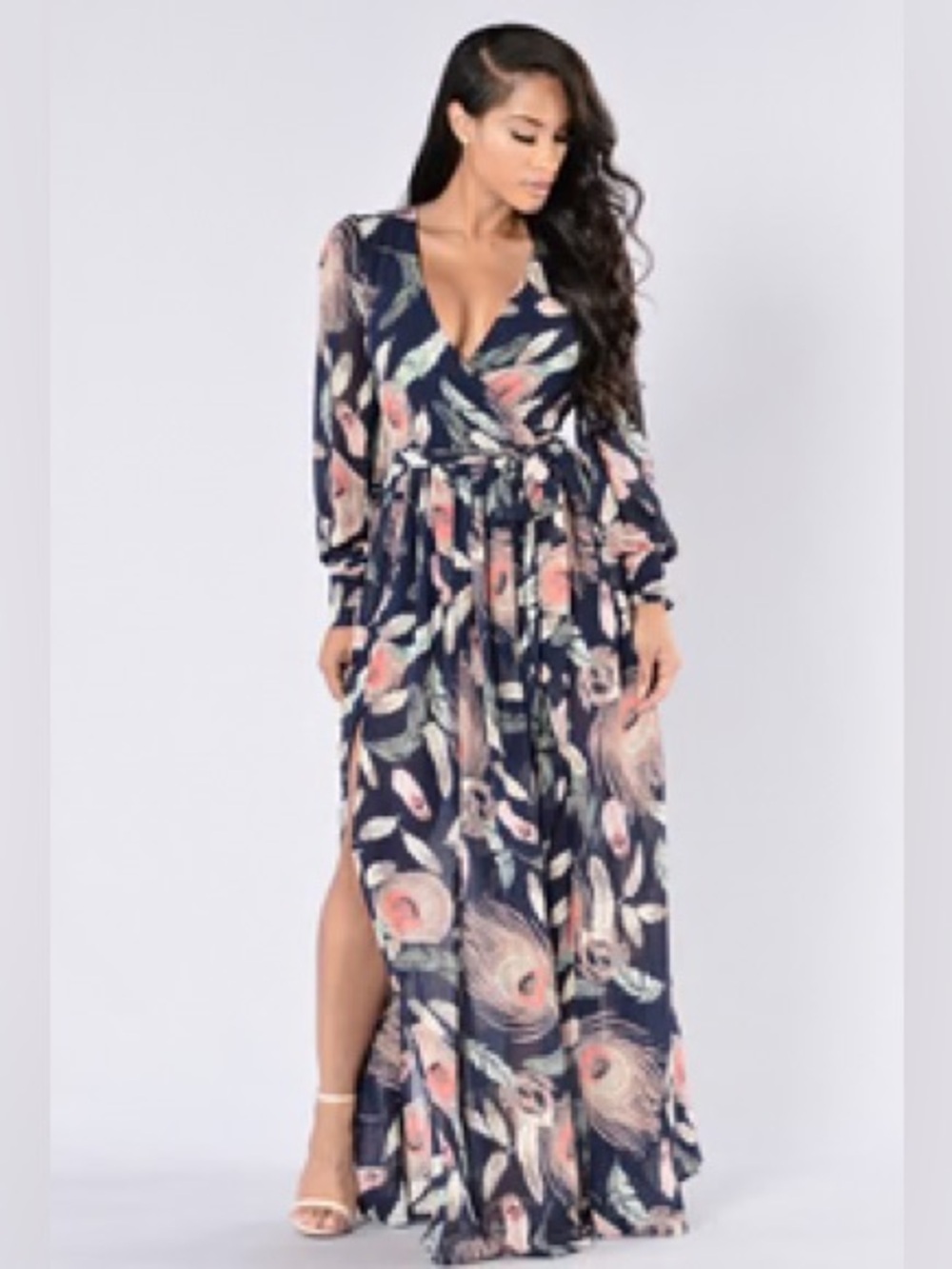 Fashion Nova Navy Floral Wrap Maxi Dress with Pink Accents